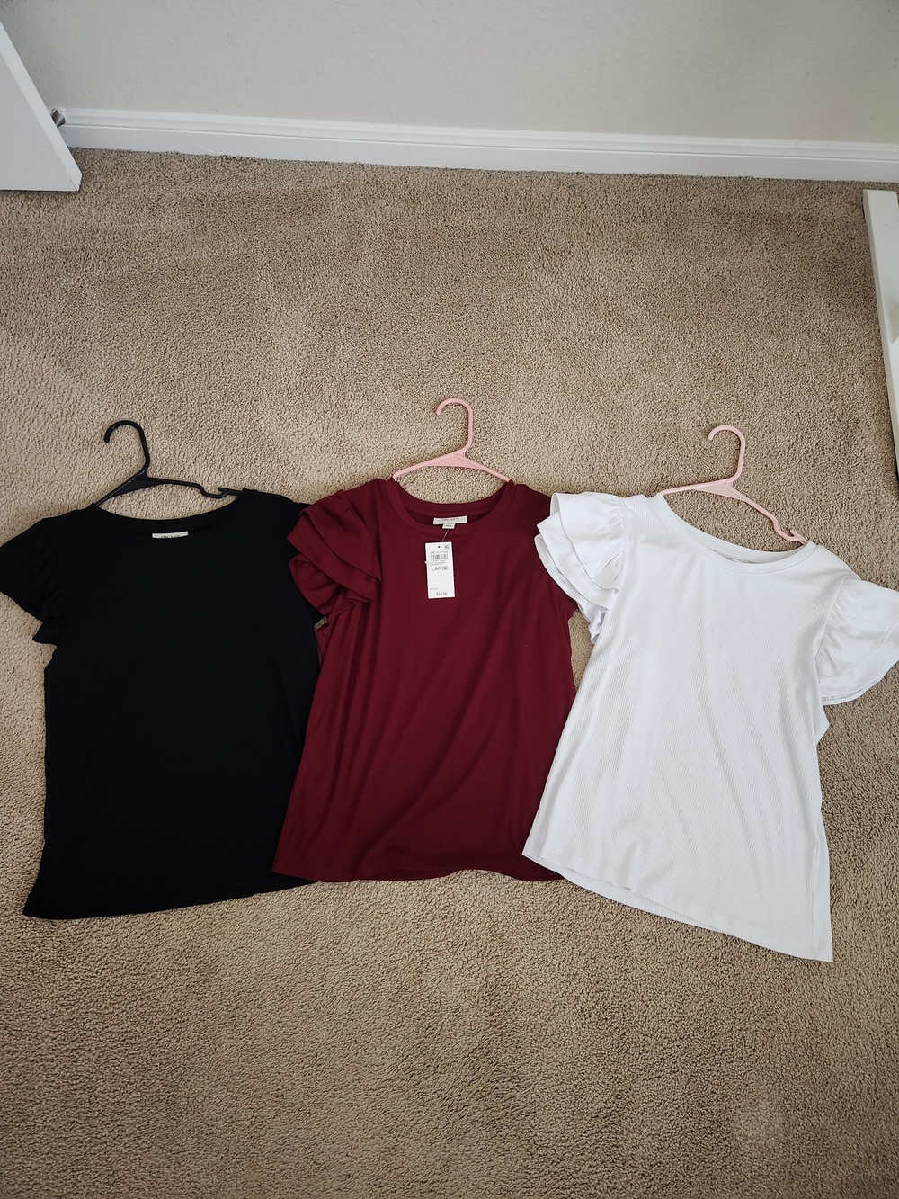 On 34th Ruffled Flutter Sleeve Knit Tops - White, Burgundy, and Black Size Large
